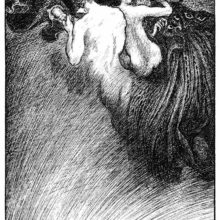 Three female creatures form a nightmarish vision consisting of half-naked bodies and ugly faces