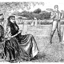 Two women are sitting to the side of lawn tennis court, chatting while looking at a young couple