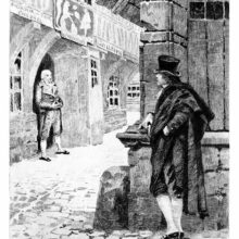 A man stands at a street corner looking at a storefront as the shopkeeper eyes him sideways