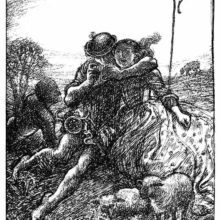 A shepherd plays the panpipes with one arm around the neck of a smilingshepherdess