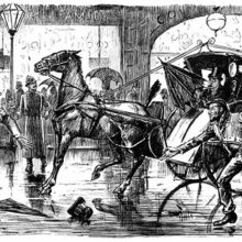 A man has almost got run over by a hansom cab and still look stunned, as does the cab driver