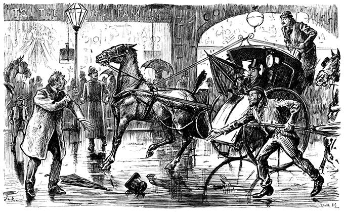A man has almost got run over by a hansom cab and still look stunned, as does the cab driver