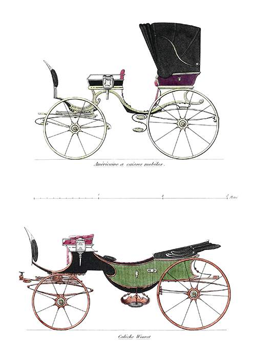 Plate showing an "American" carriage with a folding top and a Wourch, or Wourst barouche