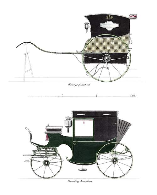 Plate showing Harvey's patent cab, a variant of the Hansom cab, and a traveling brougham