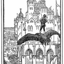 A youth stands on the back of a gliding eagle, contemplating the castle standing before him