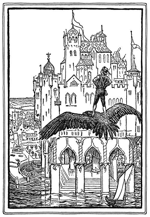 A youth stands on the back of a gliding eagle, contemplating the castle standing before him