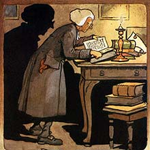 A man in a white wig stands by the side of a table covered with books and leans over one of them
