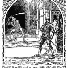 Having ventured inside a palace, a knight draws his sword to confront a fearsome elf