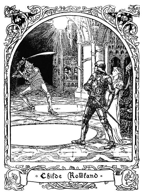 Having ventured inside a palace, a knight draws his sword to confront a fearsome elf