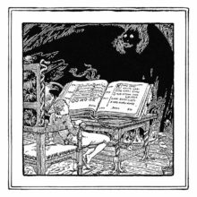 A boy is sitting in front of a open grimoire, overwhelmed by the appearance of a dark demon