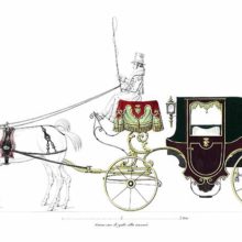 Plate showing a two-seat closed carriage drawn by two horses and decorated with passementerie