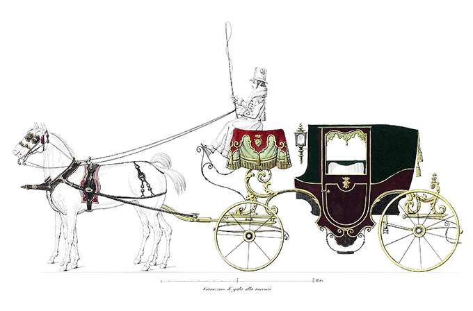 Plate showing a two-seat closed carriage drawn by two horses and decorated with passementerie