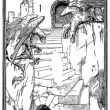 Two griffins guarding a flight of steps look puzzled as an invisible figure walks past them