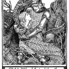A knight holds in his arms a young woman whose head emerges from the body of a lifeless dragon