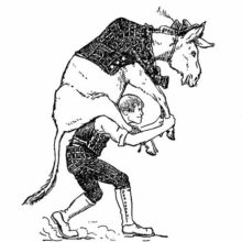 A youth carries a donkey on his shoulders after having thrown his jacket over the animal's back