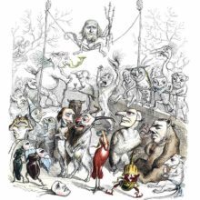 Animals of all species can be seen having a party of sorts and wearing masks with human faces