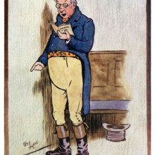 A spectacled man is seen in full-length standing in the pew and singing from a book of anthems