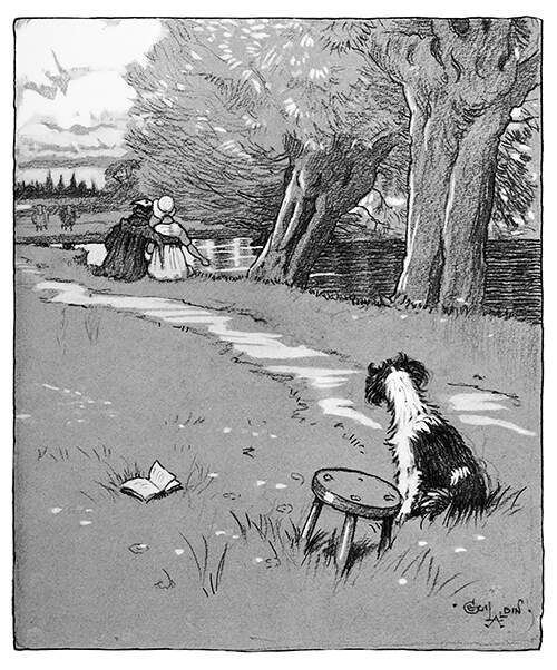 a dog can be seen next to a stool and looking in the direction of a couple sitting on a riverbank