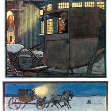 Split illustration showing a post chaise reaching destination and racing through the countryside
