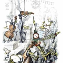 Machine-like musicians with heads like puffs of steam are playing a variety of instruments