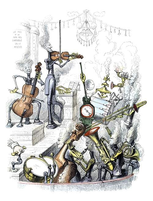 Machine-like musicians with heads like puffs of steam are playing a variety of instruments
