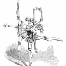 Two puppet dancers with loose rivets for joints perform variants of the arabesque position
