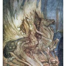 A woman throws up her arms in the middle of flames which start engulfing her and her horse