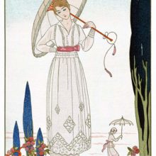 A woman carrying a parasol stands next to a small rose bush, in a park dotted with cypresses
