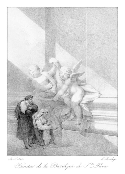A family can be seen next to a holy water basin with two angels standing out in a ray of sunlight