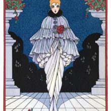 A woman in a sophisticated outfit stands on a porch decorated with vases of roses