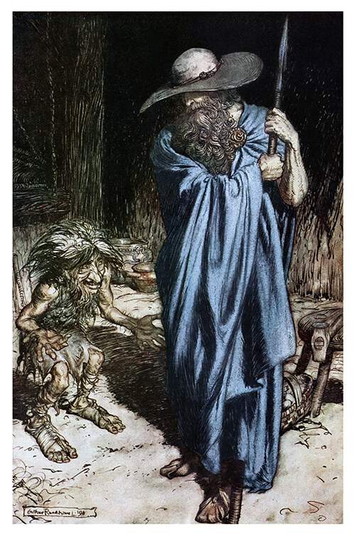 A man wrapped in a cloak stands upright, leaning on a spear as a fretful dwarf talks to him