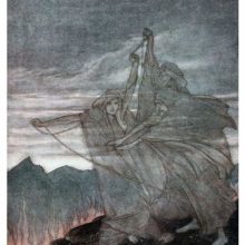 Three ghostly female figures are seen winding a rope on the top of a mountain surrounded by flames