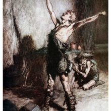 A youth holds a sword on high in triumph while a dwarf squats huddled up in the background