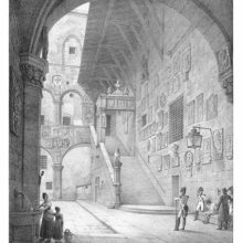 View of the archway, inner courtyard and stairs of what is now known as the Bargello Museum