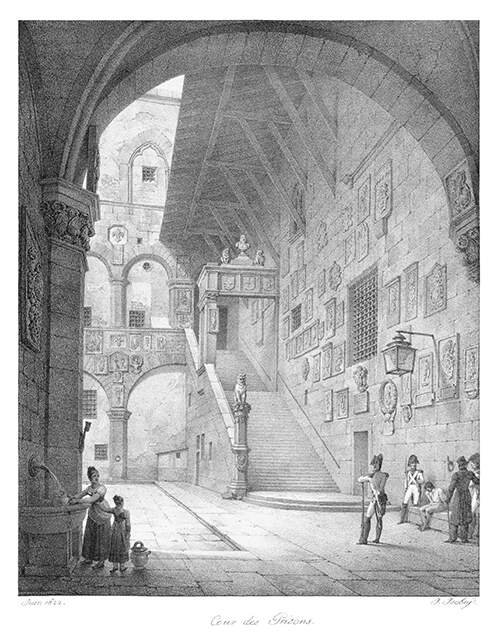View of the archway, inner courtyard and stairs of what is now known as the Bargello Museum