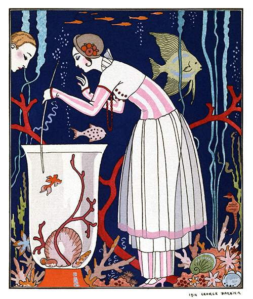 A woman leans over a tall fish-tank and teases the small fish swimming inside with a twig