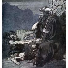 A dwarf kneels before a brooding warrior with a horned helmet and a spear sitting on a stone seat