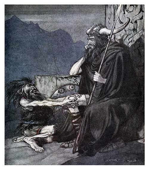 A dwarf kneels before a brooding warrior with a horned helmet and a spear sitting on a stone seat