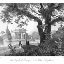 View of the neoclassical temple housing a statue of Aesculapius, at the Villa Borghese, Rome