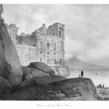 View of Anna Carafa's palace with rocks in the foreground and the Vesuvius in the distance