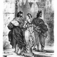 A man and a couple in a close embrace are seen from the back walking the streets of a medieval city