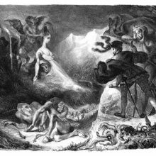 Two men are prey to a nightmarish vision involving demons tormenting a woman and other grim figures