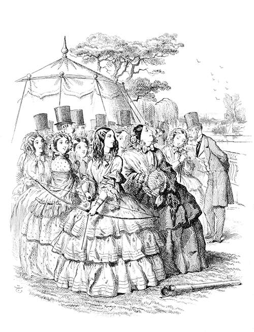 At a garden party, a young lady standing in front of other women is bending a bow