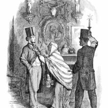 An old woman wearing a shawl and a headdress vehemently grabs a man in a top hat by his lapel