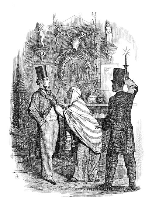 An old woman wearing a shawl and a headdress vehemently grabs a man in a top hat by his lapel