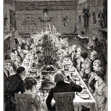 A numerous company has sat down at a table for a formal dinner party which is about to begin