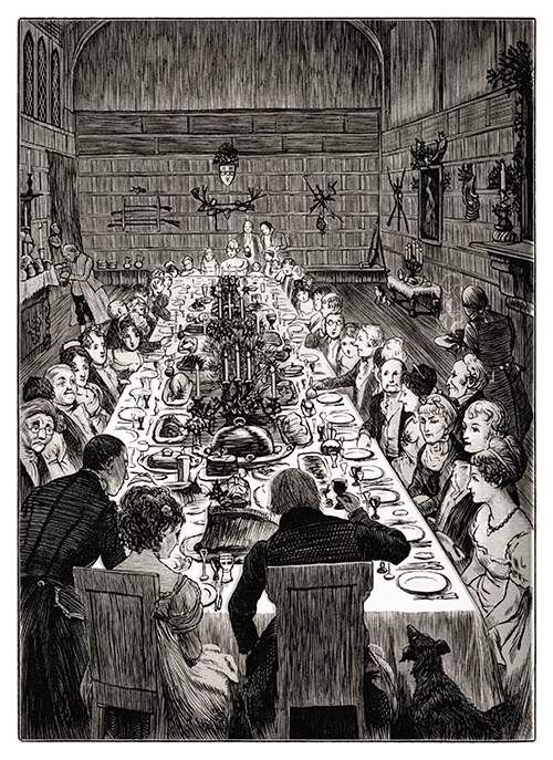 A numerous company has sat down at a table for a formal dinner party which is about to begin