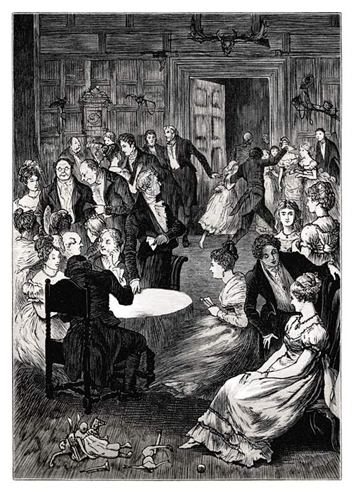 A family get-together is taking place in a hall, with guests in evening dress making merry