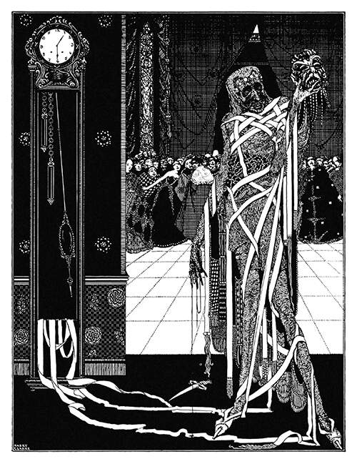A spectral figure wearing loose bandages stands in front of a hall holding up a grimacing mask