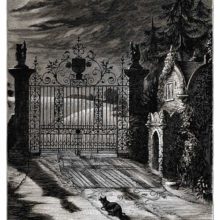 View of a wrought-iron gate as seen at night from the driveway and looking toward the countryside
